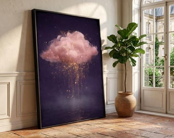 Magical Pink Cloud Canvas, Sparkling Light Rain Wall Art, Dreamy Night Sky Decor, Fantasy Canvas Print, Ethereal Home Decoration