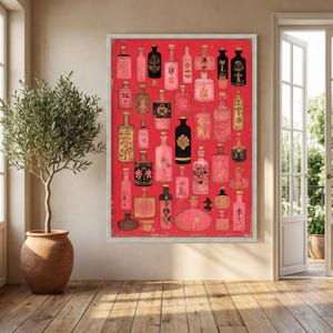 Vintage Apothecary Bottles Canvas, Pink Black Gold Bottle Art, Abstract Potion Vials Wall Decor, Retro Medical Illustration Canvas, Home image 5