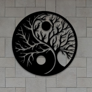 May include: Black metal Yin Yang wall art with a tree design, mounted on a light grey brick wall. The artwork features a circle and a tree with branches. The bottom of the image shows file types: AI, SVG, DXF, PDF, DWG, CDR, JPG.