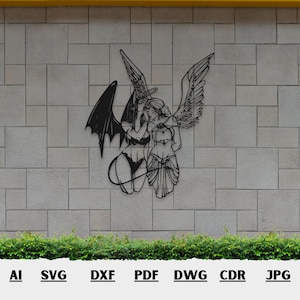 May include: A black metal wall art piece showing two figures, one with angel wings and the other with devil wings, embracing. The artwork is mounted on a light grey brick wall. Below the artwork are file type abbreviations: AI, SVG, DXF, PDF, DWG, CDR, and JPG.