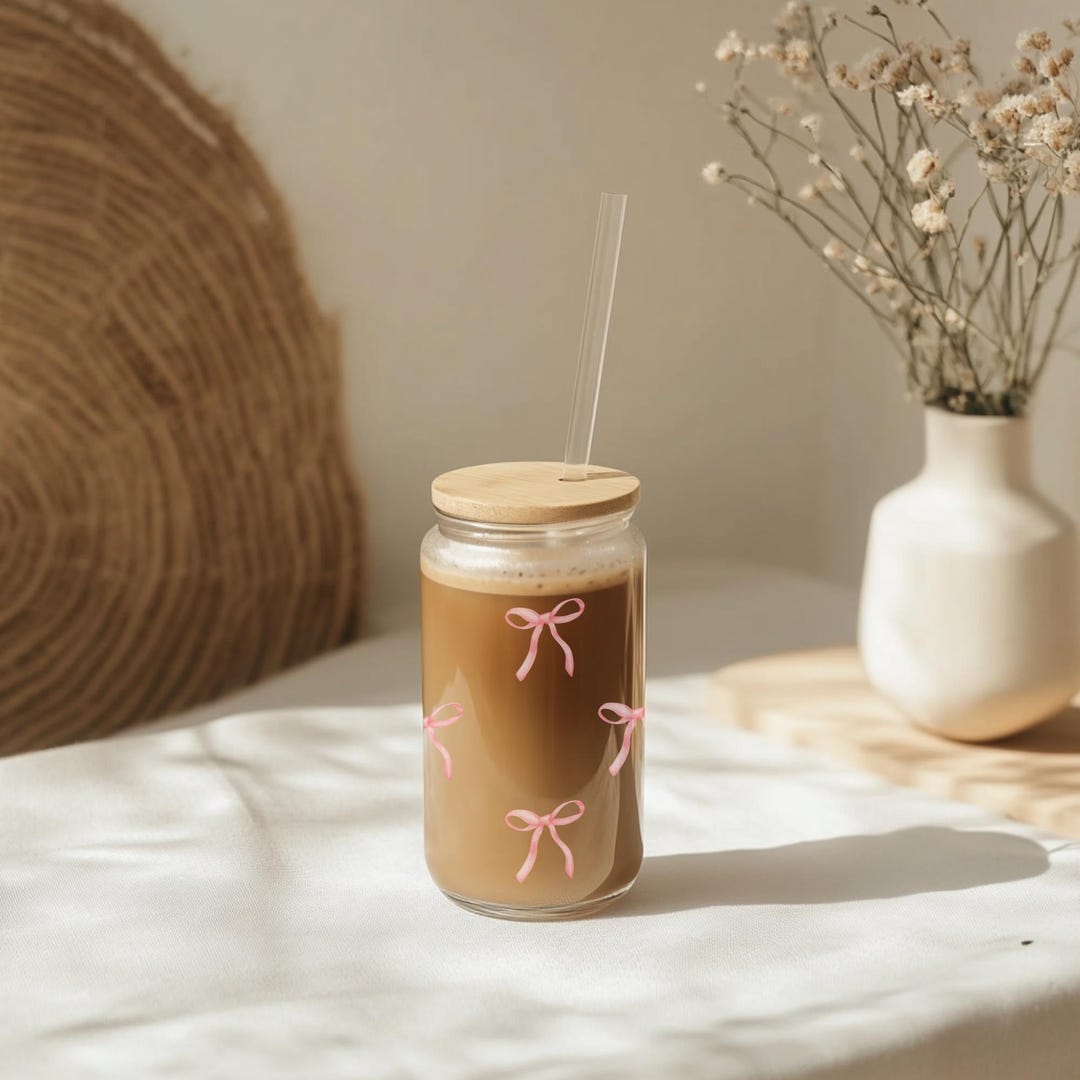 Pink Bow Ribbon Glass Tumbler With Lid and Straw - 16oz Coffee Cup ...