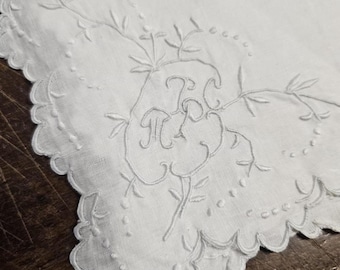 Antique Embroidered Handkerchief, Fine Cotton, 1900s Home Decor