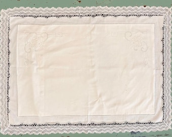 Antique French Pillow Cover – Floral Embroidered Linen with Bobbin Lace