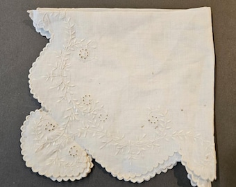 Antique French Embroidered Linen Handkerchief – Floral Wedding Hankie, Early 1900s
