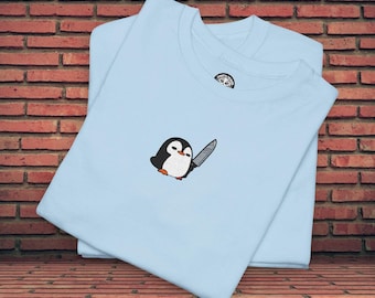 Funny Shirt | Embroidered Penguin With A Knife | Penguin T-Shirt | Cute Animal Shirt | Cute Animal Drawing | Meme Graphic Tee | Funny Doodle