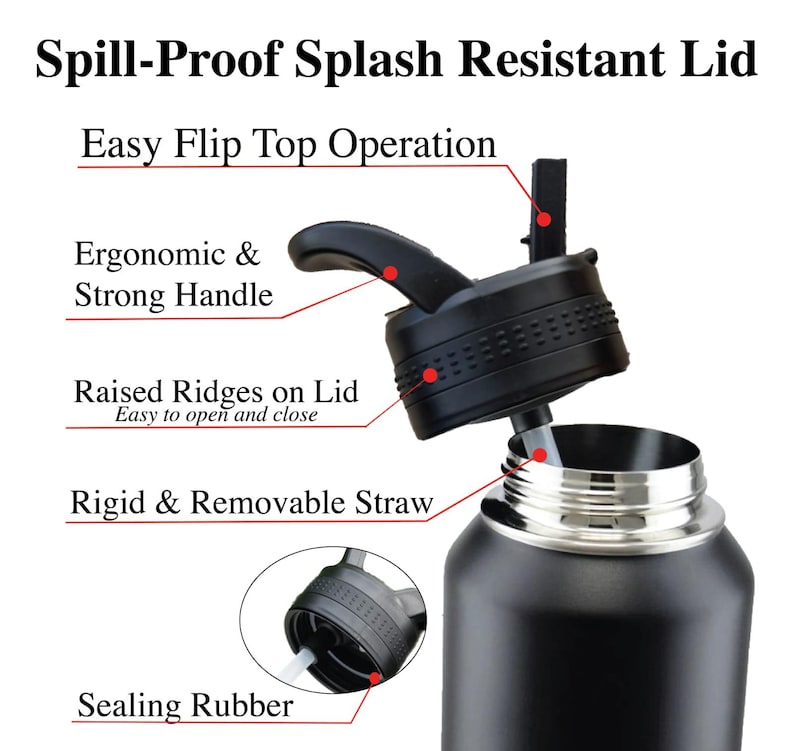 May include: A black water bottle with a silver rim and a black lid. The lid features a flip-top operation, ergonomic handle, and a rigid, removable straw. Text on the image reads: "Spill-Proof Splash Resistant Lid".