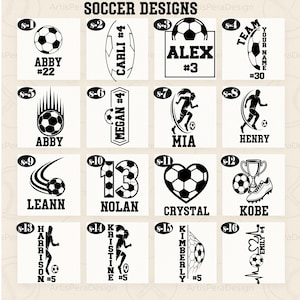 May include: A collection of soccer-themed designs in black and white. Each design features a soccer ball with names, numbers, and player silhouettes. The designs include names like Abby, Alex, Mia, and Kobe, with numbers like #22 and #3.