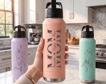 Personalized Mom Tumbler with Kids Names, Custom Engraved Water Bottles, Mom Grandma Gift, Mothers Day Mama Mug Cup