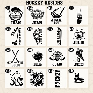 May include: A collection of black and white hockey-themed designs. Designs include hockey sticks, pucks, player silhouettes, and text such as "Winter Classic", "Ice Hockey", and names like "Juan" and "Julio".