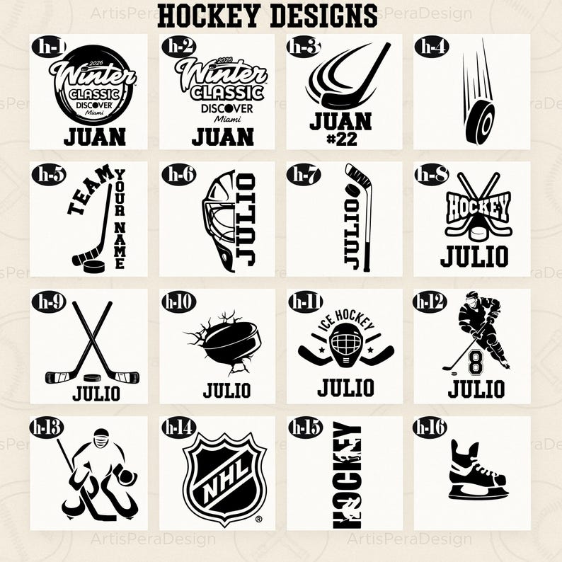 May include: A collection of black and white hockey-themed designs. Designs include hockey sticks, pucks, player silhouettes, and text such as "Winter Classic", "Ice Hockey", and names like "Juan" and "Julio".