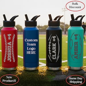 May include: Four insulated water bottles in red, blue, black, and teal. Each bottle has a black lid and a flip-top spout. The bottles feature custom text and sports-themed graphics, including a baseball, football, and soccer ball.