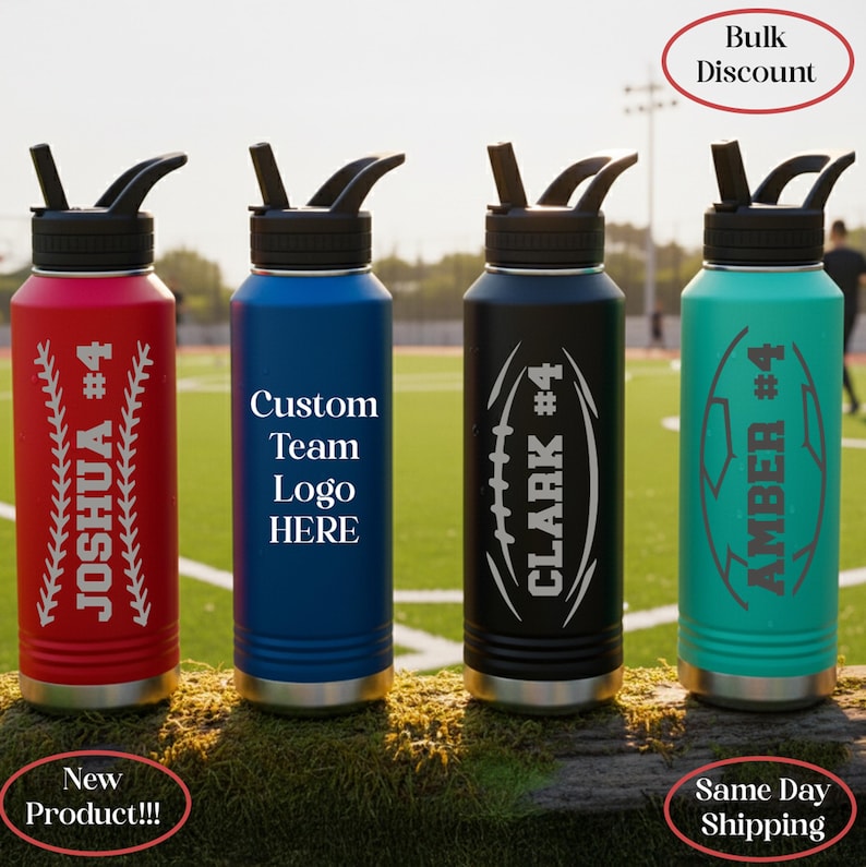 May include: Four insulated water bottles in red, blue, black, and teal. Each bottle has a black lid and a flip-top spout. The bottles feature custom text and sports-themed graphics, including a baseball, football, and soccer ball.