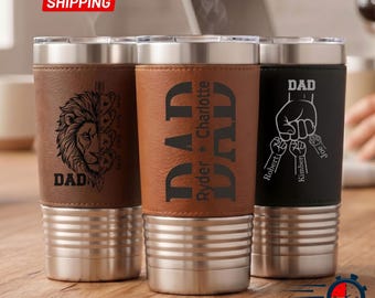 Personalized Dad Tumbler with Kids Names, Custom Engraved Leatherette Coffee Mug for Dad, 20oz Dad Fist Bump Travel Cup, Father’s Day Gift