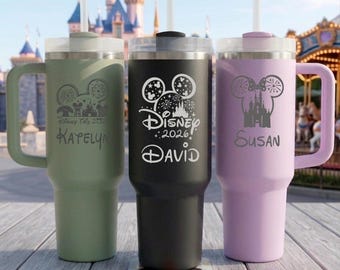 Custom Disney Tumbler with Handle, Personalized Name Laser Engraved Stainless Steel Disney Trip Cup