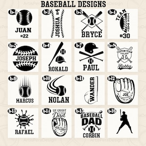 May include: A collection of baseball-themed designs in black and white. Each design features a baseball with names, numbers, and phrases like "BASEBALL DAD" and "WE CAUGHT THE BEST DAD." The designs include bats, gloves, and player silhouettes.