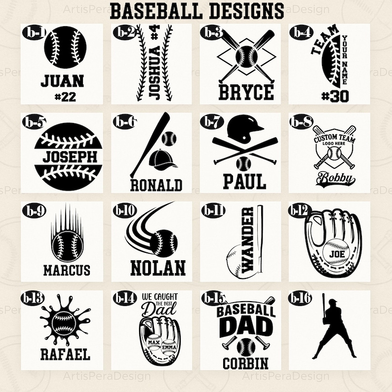 May include: A collection of baseball-themed designs in black and white. Each design features a baseball with names, numbers, and phrases like "BASEBALL DAD" and "WE CAUGHT THE BEST DAD." The designs include bats, gloves, and player silhouettes.