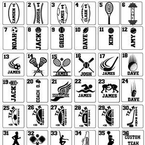 May include: A black and white graphic featuring various sports-themed designs. Includes illustrations of sports equipment like a football, baseball, tennis racket, and hockey stick, along with names and team logos. The text "SPORT STYLES-1 (GENERAL)" is at the top.