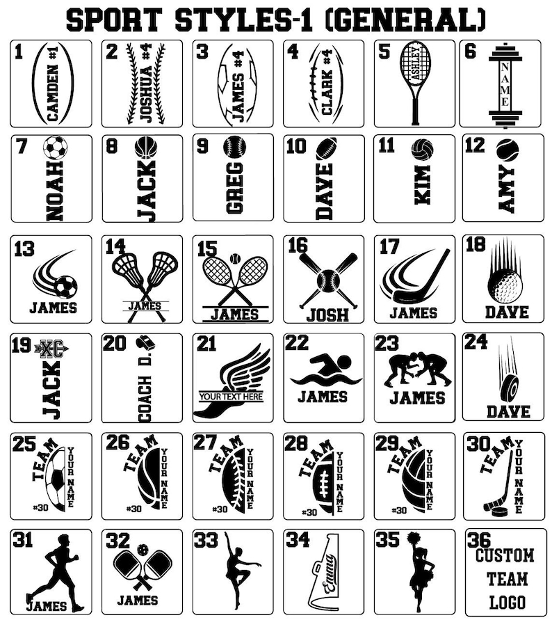 May include: A black and white graphic featuring various sports-themed designs. Includes illustrations of sports equipment like a football, baseball, tennis racket, and hockey stick, along with names and team logos. The text "SPORT STYLES-1 (GENERAL)" is at the top.