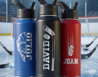 Personalized Hockey Water Bottle, Ice Hockey Team Gifts, Laser Engraved Sport Tumbler