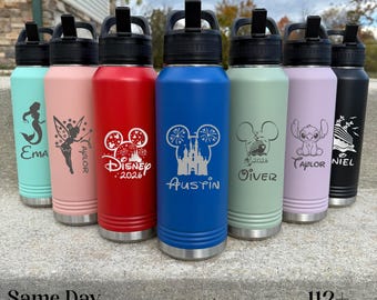 Custom Personalized Disney Water Bottle, Laser Engraved Stainless Steel Disney Trip Tumbler, Christmas Gift