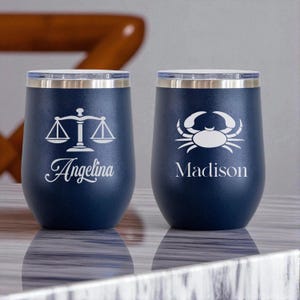 Personalized Zodiac Wine Tumbler: Custom Engraved Stainless Steel Astrology Gift for Star Lovers
