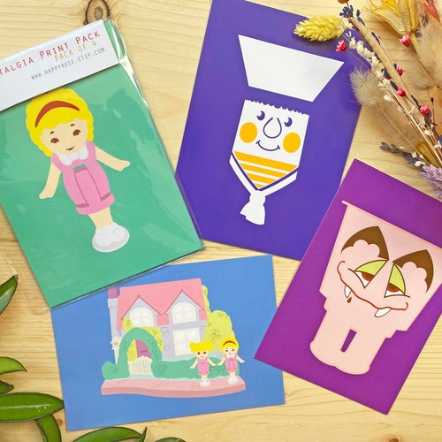 Pack of 4 90's Toy Inspired mini A6 Print/Postcard Set - retro, toy collectors, Polly Pocket, Matey, Fiendish Feet
