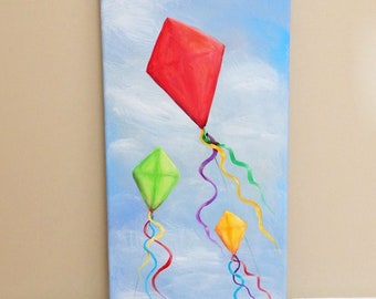 Kites Acrylic Painting, Original Art, 20 x 10 inches, Gallery Wrapped Canvas, Original Acrylic Painting, Kites Nursery Art, Kites in Sky Art