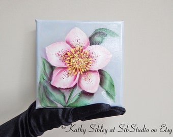 Pink Hellebore Painting, Original Spring Flower Painting, 6 x 6 inches, Gallery Wrapped Canvas
