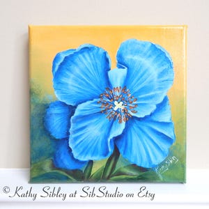 Blue Poppy Acrylic Painting: Original Poppy Art, 8 x 8 inches, Gallery Wrapped Canvas