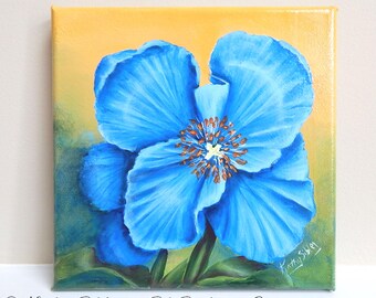 Blue Poppy Acrylic Painting: Original Floral Art, 8 x 8 inches Gallery Wrapped Canvas