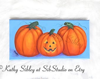 Original Jack O'Lantern Acrylic Painting: Halloween Pumpkin Family Art, 8 x 16 inches, Gallery Wrapped Canvas