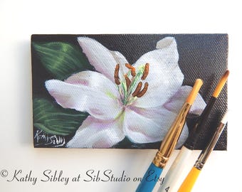 White Lily Acrylic Painting: Miniature Floral Art, 3 x 5 inches Gallery Wrapped Canvas