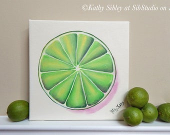 Lime Slice Painting, Original Art, 10 x 10 ", Gallery Wrapped Canvas, Original Acrylic Painting, Fruit Kitchen Painting, Lime Home Decor