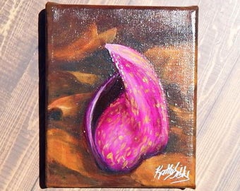 Original Acrylic Baby Skunk Cabbage Painting: Spring Plant Art, 5x6 inches Gallery Wrapped Canvas