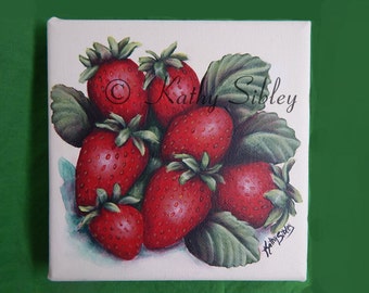 Red Strawberries Painting, Original Art, 6 x 6 inches,Gallery Wrapped Canvas, Original Acrylic Painting, Strawberry Kitchen Art, Food Art