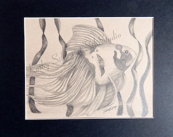 Goldfish Original Pencil  Drawing: Graphite Drawing on Tan Vellum Paper, Matted 11 x 14