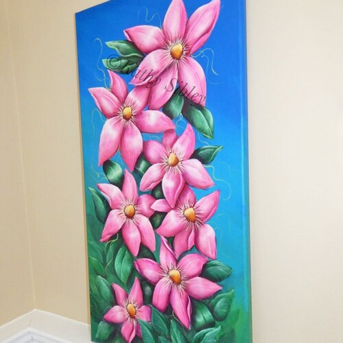 Pink Clematis Painting, Original shops Acrylic Painting, 12 x 24 inches, Gallery Wrapped Canvas, Clematis Wall Art, Pink Clematis Home Decor Art