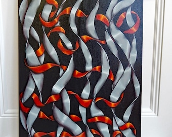 Twisting Ribbons Painting,  Original Acrylic Painting , 24 x 36 inches,  Gallery Wrapped Canvas, Silver, Red and Black Ribbon Wall Art