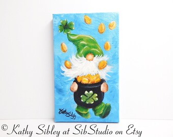 St. Patrick's Day Gnome Painting: Original Acrylic Miniature Art,  3 x 5 inches, Canvas
