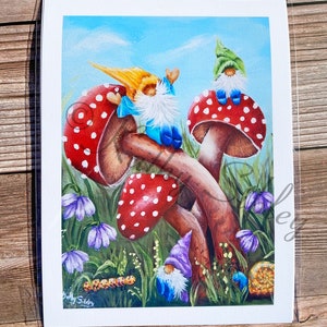 Playing Gnomes 8 x 10&quot; Print, Giclee Print of Original Acrylic Painting, Print on Archival Canvas Paper, Gnome Artwork, Gnome Nursery Print