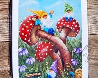 Gnomes at Play Giclée Print: Archival Canvas Paper, 8 x 10 inches, Nursery Art