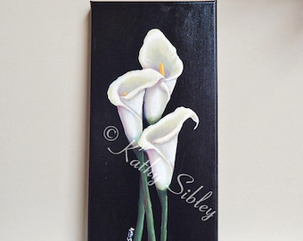 Calla Lilies Acrylic Painting: Original Floral Canvas Art, 8 x 16 inches Gallery Wrapped Canvas