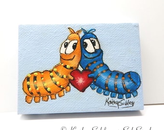 Mini Caterpillar Acrylic Painting: Whimsical Caterpillar Buddies Art (2.5 x 3.5 inches)