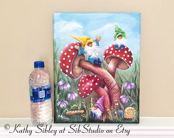 Gnomes at Play Original Acrylic Painting on Gallery Wrapped Canvas (11x14 inches)