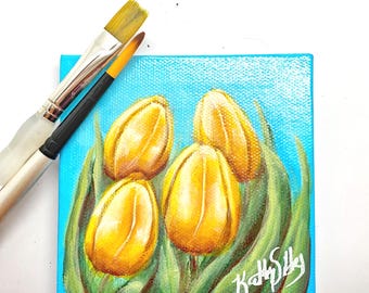 Yellow Tulips Miniature Painting: Original Acrylic Floral Art, 4x4 inches Gallery Wrapped Canvas