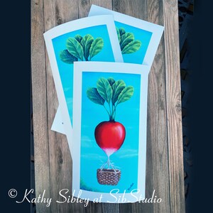 Radish Hot Air Ballon Print,  6 x 12 inches with 1 inch White Border, Total Print Size 8 x 14 in., Whimsical Radish Print, Radish Art Print