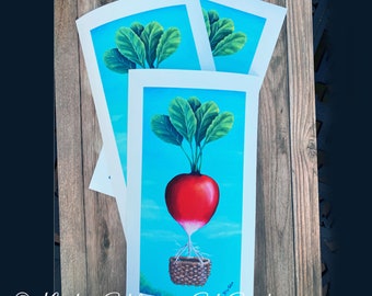 Radish Hot Air Balloon Giclée Print: Whimsical Kitchen Art, 6 x 12 inches with 1 inch White Border