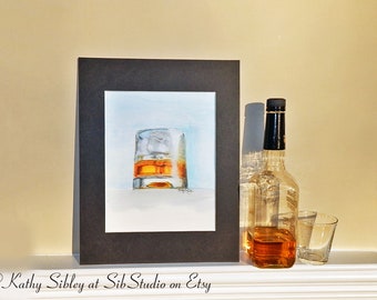 Bourbon Glass Watercolor Painting: Whiskey Art, Matted 11 x 14", Watercolor and Colored Pencil