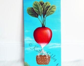 Whimsical Radish Hot Air Balloon Painting: Original Acrylic Art, 12x24 inches Gallery Wrapped Canvas