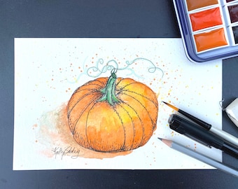 Orange Pumpkin Painting: Watercolor & Ink on Watercolor Paper, 8 x 10" , Matted